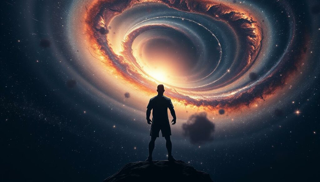 A vast, swirling galaxy with a celestial figure at its center, embodying the essence of Cristiano Ronaldo. The milky, luminous arms of the "CR7 Galaxie" radiate outwards, illuminating the cosmic backdrop. Brilliant starbursts and ethereal nebulae dance across the scene, casting a mesmerizing glow. In the foreground, a larger-than-life silhouette of Ronaldo stands tall, his powerful form composed of stellar matter, commanding the heavens. The image is captured through a wide-angle lens, conveying a sense of grand, otherworldly scale. Dramatic chiaroscuro lighting accentuates the drama, evoking a moody, contemplative atmosphere befitting the section's title, "Die CR7-Galaxie".