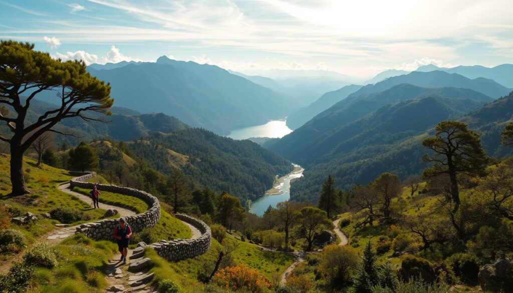 A vast, verdant landscape of the Peneda-Gerês National Park, Portugal's northernmost wilderness. In the foreground, hikers explore winding trails, trekking past ancient stone walls and gnarled oak trees. The middle ground reveals a tranquil mountain stream, its crystal-clear waters reflecting the rugged peaks in the distance. Warm, golden sunlight filters through wispy clouds, casting a serene, adventurous atmosphere over the scene. Diverse flora and fauna thrive in this untamed natural haven, inviting visitors to immerse themselves in the park's awe-inspiring beauty and engage in a range of outdoor activities.