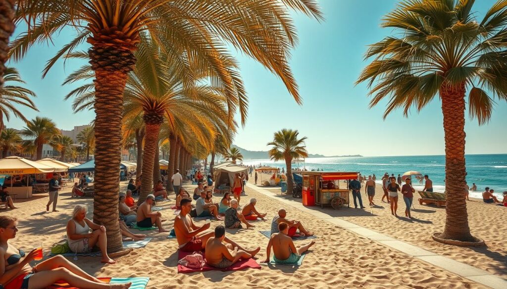 A vibrant Portuguese beach scene with warm golden sunlight filtering through swaying palm trees. In the foreground, sun-kissed beachgoers relax on colorful towels, sipping chilled beverages and soaking up the carefree atmosphere. The middle ground reveals a bustling promenade lined with lively beach vendors, offering local handicrafts and delectable snacks. In the distance, the glistening Atlantic ocean stretches out, its azure waves lapping at the sandy shore. The overall mood is one of relaxation and cultural immersion, capturing the essence of the quintessential Portuguese beach experience.