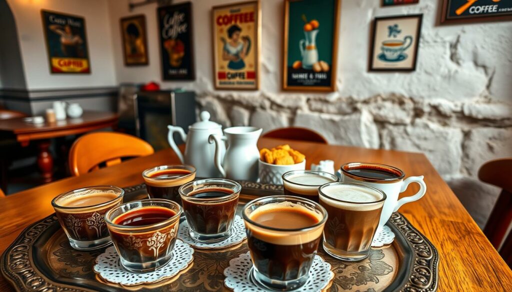 A vibrant and authentic scene of traditional Portuguese coffee specialties. In the foreground, an ornate porcelain serving tray displays an array of small cups filled with creamy espresso, frothy cappuccino, and rich, velvety mocha. Delicate lace doilies and sugar cubes in a glass bowl add a touch of elegance. In the middle ground, a polished wooden table is set with a ceramic coffee pot, milk pitcher, and biscuits. The background features rustic, whitewashed walls adorned with vintage coffee advertisements and framed photographs, conveying the cozy, timeless ambiance of a beloved local café. Warm, diffused lighting casts a golden glow, enhancing the rich tones of the coffee and the inviting atmosphere.