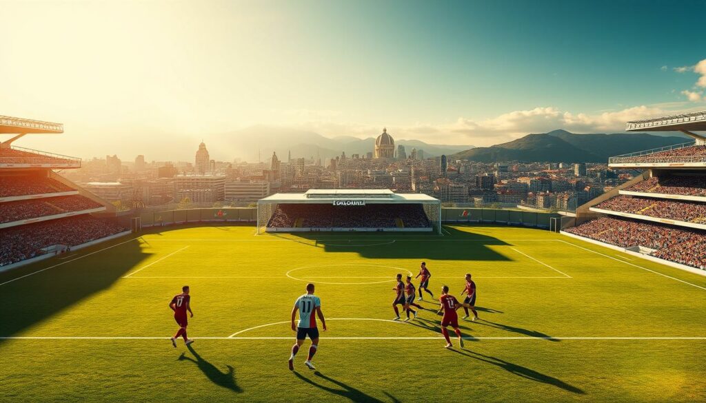 A vibrant and detailed depiction of the Liga Portugal 24/25 season, showcasing the excitement and anticipation of the upcoming matches. The image features a meticulously rendered football pitch, its lush green grass illuminated by warm, golden lighting that casts a soft glow across the scene. In the foreground, a group of players in their team's colors are engaged in a dynamic moment of play, their movements captured with a sense of fluidity and energy. The middle ground is occupied by the iconic stadiums of the league, their architectural details and grandstands rendered with exceptional precision. In the background, a panoramic view of the city skyline provides a dramatic backdrop, hinting at the broader cultural and civic context of the competition. The overall atmosphere conveys the anticipation and passion of the Liga Portugal 24/25 season, inviting the viewer to immerse themselves in the thrilling journey ahead.