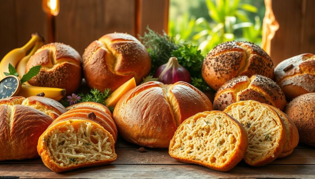 A vibrant and mouthwatering display of various Bolo de Caco breads, showcased against a warm, rustic backdrop. In the foreground, a selection of the traditional Bolo de Caco, with its distinctive round shape and golden-brown crust, sits alongside intriguing variations, such as the Bolo de Caco with cheese, herbs, or spices, each slice inviting the viewer to explore its unique flavors. The middle ground features a mix of fresh, locally-sourced ingredients, including ripe bananas, fragrant herbs, and pungent cheeses, hinting at the versatility of this beloved Madeiran delicacy. The background evokes the island's lush, verdant landscape, with a hint of sunlight filtering through, creating a cozy and authentic atmosphere. The overall composition celebrates the diversity and allure of the Bolo de Caco, enticing the viewer to delve deeper into the article's exploration of this captivating culinary treasure.