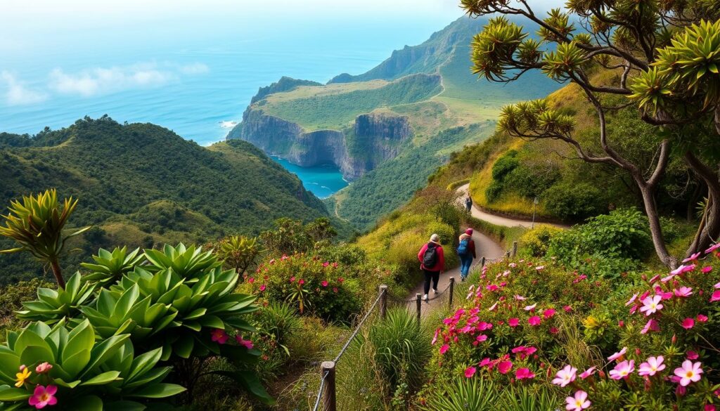 A vibrant and serene landscape of Madeira island in November. In the foreground, lush tropical foliage and blooming flowers dot the rolling hills. In the middle ground, hikers trekking along a winding path, taking in the breathtaking vistas of the rugged coastline and azure Atlantic ocean. In the background, dramatic cliffs and lush laurel forests under a soft, diffused natural lighting. The scene exudes a tranquil, rejuvenating atmosphere, perfect for outdoor activities and appreciating the island's natural beauty during the mild autumn season.