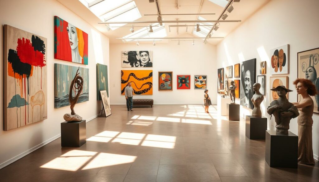 A vibrant and thought-provoking contemporary art exhibit, showcasing a diverse array of abstract, conceptual, and experimental works. The gallery space is flooded with natural light, casting dynamic shadows and highlighting the textures and shapes of the artworks. The pieces range from bold, colorful canvases to minimalist sculptures, each inviting the viewer to engage with the themes of modern artistic expression. The atmosphere is one of contemplation and intellectual stimulation, encouraging the audience to explore the boundaries of contemporary art and its role in shaping our cultural landscape. The lighting is warm and inviting, creating a sense of depth and dimension within the gallery setting.