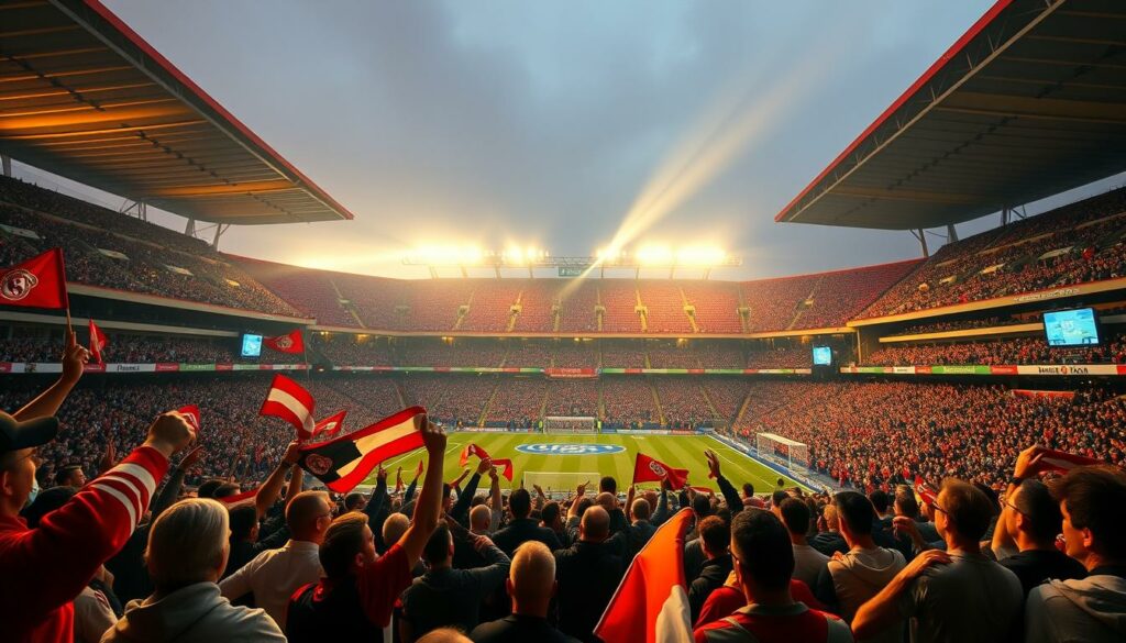 A vibrant, atmospheric scene of the Estádio Municipal in Braga, Portugal, capturing the ultimate fan experience. In the foreground, passionate supporters decked out in Sporting Braga's iconic colors wave flags and scarves, their faces alight with excitement. The middle ground teems with a sea of dedicated fans, their collective energy palpable. The towering grandstands rise in the background, their modern, sleek design bathed in warm, golden light filtering in through the stadium's vast windows. The air is charged with the electric anticipation of a match about to commence, creating a sense of immersion and belonging for any devoted fan.