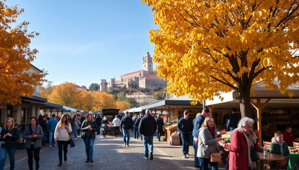 A vibrant autumn scene in Lisbon, Portugal - the cobblestone streets are lined with chestnut trees, their golden leaves drifting down in the gentle breeze. In the foreground, people stroll by, bundled up in cozy sweaters and scarves, sipping warm drinks from local cafes. The middle ground reveals a bustling outdoor market, stalls overflowing with fresh produce, handmade crafts, and street performers entertaining the crowds. In the background, the iconic Castelo de São Jorge stands tall, its reddish-orange roofs standing out against the clear blue sky. The warm, inviting atmosphere captures the essence of Lisbon's thriving cultural life in the month of October. A vibrant autumn scene in Lisbon, Portugal - the cobblestone streets are lined with chestnut trees, their golden leaves drifting down in the gentle breeze. In the foreground, people stroll by, bundled up in cozy sweaters and scarves, sipping warm drinks from local cafes. The middle ground reveals a bustling outdoor market, stalls overflowing with fresh produce, handmade crafts, and street performers entertaining the crowds. In the background, the iconic Castelo de São Jorge stands tall, its reddish-orange roofs standing out against the clear blue sky. The warm, inviting atmosphere captures the essence of Lisbon's thriving cultural life in the month of October.