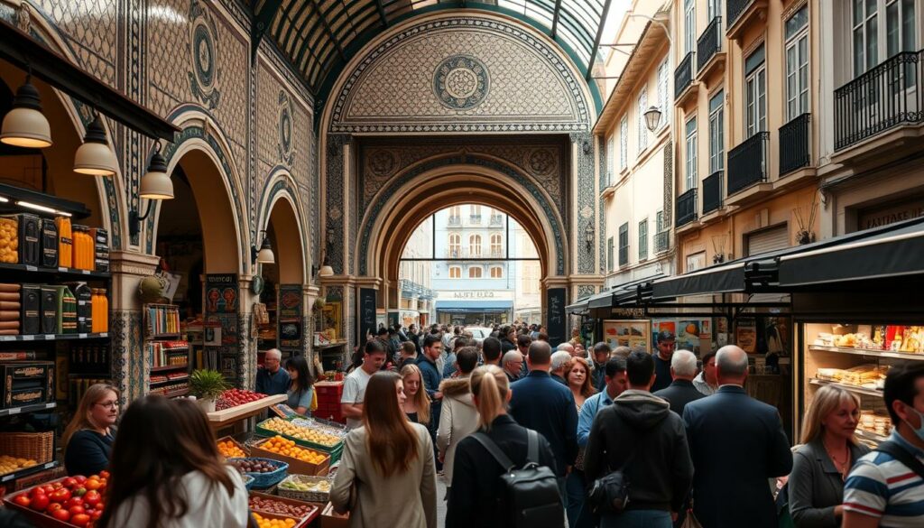 A vibrant, bustling scene at the Mercado do Bolhão, the historic market in the heart of Porto. In the foreground, customers browse the colorful stalls, examining fresh produce, artisanal goods, and local delicacies. Middle ground showcases the ornate, tiled facade of the market building, its arched entryways and intricate architectural details. The background features the narrow streets and charming buildings that surround the market, creating a warm, intimate atmosphere. Soft, natural lighting filters through the open-air market, casting a golden glow and highlighting the energy and liveliness of this beloved local institution. An authentic glimpse into the everyday life and culture of Porto, inviting the viewer to step into the heart of this vibrant community.