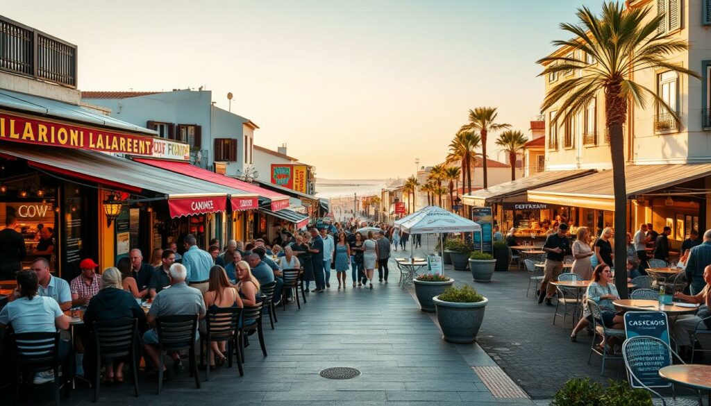A vibrant, bustling scene of restaurants and bars in the seaside towns of Cascais and Estoril. In the foreground, alfresco dining with lively patrons enjoying local cuisine and drinks under the warm glow of string lights. The middle ground features a mix of traditional and modern eateries, their facades adorned with colorful awnings and lively signage. In the background, the iconic beachfront promenade stretches out, dotted with palm trees and lively nightlife venues. The entire scene is bathed in a soft, golden light that captures the relaxed, Mediterranean atmosphere of these picturesque Portuguese locales.