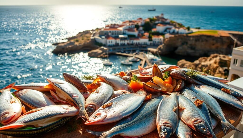 A vibrant coastal scene depicting the bountiful seafood of Alentejo, Portugal. In the foreground, a table laden with freshly caught fish and glistening shellfish, arranged with care and garnished with aromatic herbs. In the middle ground, a sun-drenched fishing village nestled along the rugged shoreline, its whitewashed buildings and terracotta roofs reflecting the golden light. In the background, the deep blue waters of the Atlantic Ocean stretch out, dotted with the silhouettes of small fishing boats. The scene exudes an atmosphere of rustic charm and coastal tranquility, inviting the viewer to savor the flavors of this renowned seafood paradise.