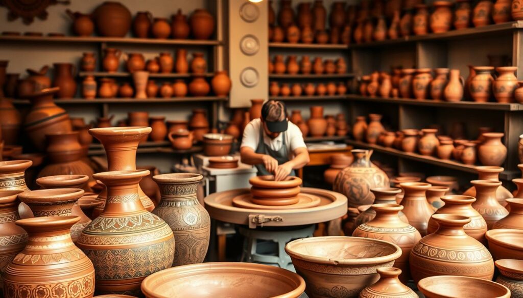 A vibrant display of traditional Alentejo ceramics, showcasing the artistry of São Pedro do Corval. In the foreground, a selection of terracotta vases, bowls, and plates with intricate patterns and earthy tones, evoking the region's rich cultural heritage. The middle ground features a potter's wheel, with a skilled artisan's hands shaping the clay, capturing the essence of the creative process. In the background, shelves display an array of finished pieces, each one a unique testament to the community's centuries-old pottery-making traditions. Warm, soft lighting illuminates the scene, casting gentle shadows and highlighting the textural qualities of the ceramic forms. The overall atmosphere conveys a sense of timeless craftsmanship, where the past and present seamlessly converge.