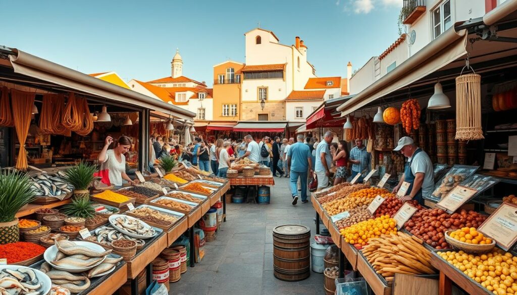 A vibrant marketplace in the Algarve region, showcasing the vibrant culinary heritage of the Portuguese coastal towns. In the foreground, artisanal stalls display an array of local delicacies - freshly caught seafood, fragrant spices, sun-dried fruits, and handcrafted pastries. The middle ground features the bustling energy of the market, with locals and tourists alike browsing the colorful displays. In the background, the warm, golden light filters through the quaint architecture, evoking the rich history and Mediterranean charm of the Algarve. The scene exudes a sense of authentic cultural immersion, inviting the viewer to discover the unique flavors and traditions of this captivating Portuguese region.