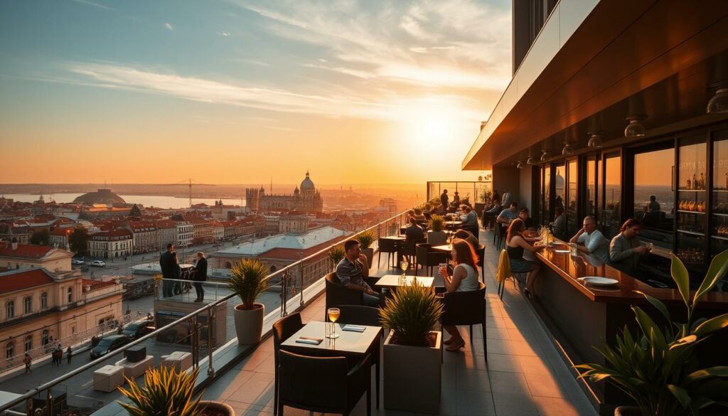 A vibrant, modern rooftop bar with sweeping views of Lisbon's iconic skyline. The Sky Bar Lissabon perches atop a sleek, high-rise building, its expansive terrace bathed in warm, golden sunset light. Elegant patio furniture, lush potted plants, and a chic, minimalist bar design create an inviting, sophisticated ambiance. Patrons sip craft cocktails and savor panoramic vistas of Lisbon's historic cityscape, including the Tejo River, Praça do Comércio, and the distant Castelo de São Jorge. A lens-flared, cinematic perspective captures the bustling energy and stunning, cinematic vistas of this quintessential Lisbon nightlife hotspot.