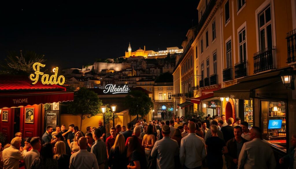 A vibrant nightscape of Lisbon's lively Fado district, bathed in the warm glow of streetlamps and neon signs. In the foreground, a bustling crowd gathers outside a traditional Fado house, their animated conversation and laughter filling the air. The middle ground features a winding cobblestone street lined with cozy cafes and lively bars, their windows glowing with an inviting atmosphere. In the background, the iconic architecture of Lisbon's old town rises majestically, silhouetted against a starry night sky. The overall scene conveys the energy, passion, and cultural richness that defines Lisbon's captivating nightlife.