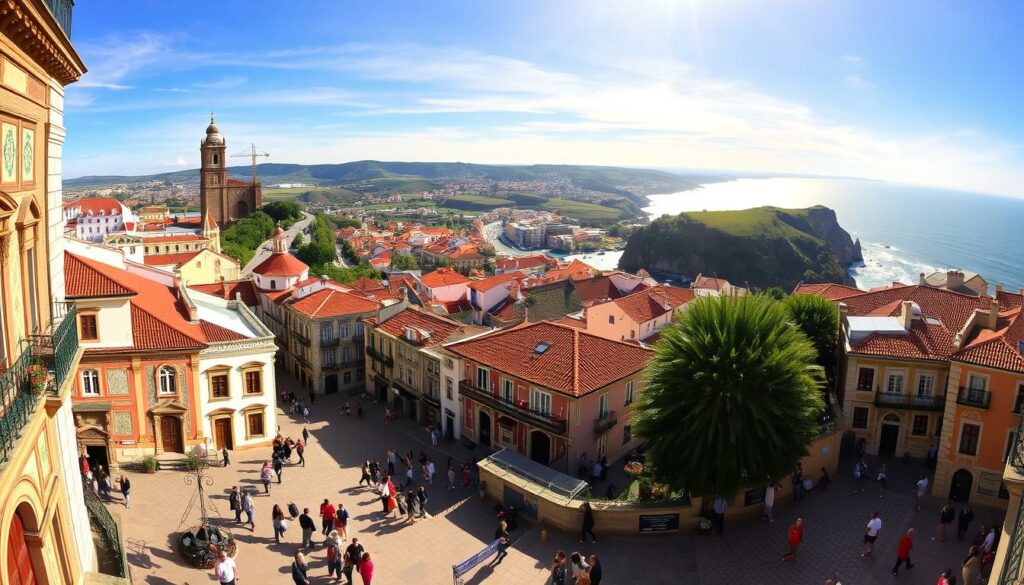 A vibrant panorama of Portugal's renowned landmarks and captivating activities. In the foreground, visitors explore the charming plazas and narrow streets of historic cities, marveling at the intricate tilework and ornate architecture. In the middle ground, iconic landmarks such as the towering Jerónimos Monastery and the picturesque Douro Valley vineyards come into view, bathed in warm, golden sunlight. The background reveals breathtaking coastal scenery, with rugged cliffs, pristine beaches, and the shimmering Atlantic Ocean. The scene exudes a sense of adventure and cultural richness, inviting the viewer to immerse themselves in the diverse wonders of Portugal.