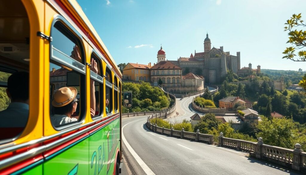 A vibrant, picturesque bus navigating the winding roads of Sintra, Portugal's enchanting historic town. The bus, with its classic design and bright, cheerful colors, blends seamlessly into the charming medieval architecture and lush, verdant surroundings. Sunlight dapples the scene, casting a warm, inviting glow that accentuates the unique, undulating terrain. In the foreground, the bus's passengers gaze out of the windows, captivated by the breathtaking vistas of Sintra's rolling hills, ancient castles, and whimsical palaces. The middle ground features the bus's intricate details, from its polished chrome trim to the antique-inspired patterns on its exterior. The background is a tapestry of Sintra's iconic landmarks, including the Pena National Palace and the Moorish Castle, nestled amidst a tapestry of verdant forests and azure skies.