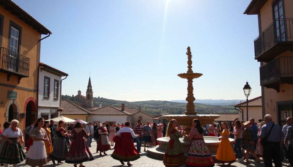 A vibrant scene of Portuguese culture and traditions, showcasing a lively town square in the warm afternoon light. In the foreground, a group of locals dressed in traditional attire perform a folk dance, their colorful costumes and graceful movements captivating the viewer. In the middle ground, an ornate fountain stands as a focal point, surrounded by quaint buildings with tiled roofs and wrought-iron balconies. The background features a picturesque landscape, with rolling hills and a distant church steeple rising against a cloudless blue sky. The overall atmosphere exudes a sense of heritage, community, and timeless charm, inviting the viewer to immerse themselves in the authentic cultural experience.