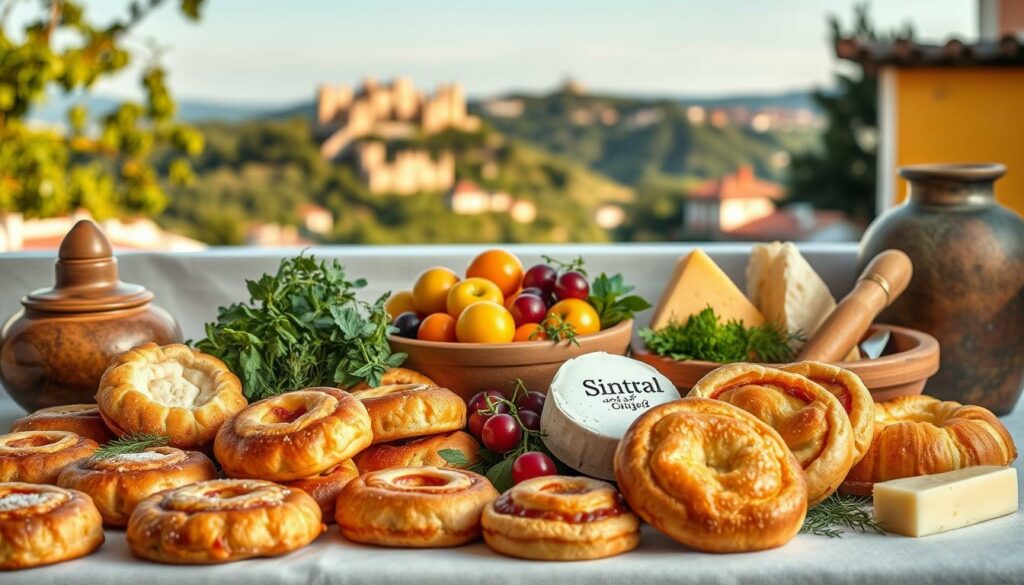 A vibrant still life showcasing the culinary delights of Sintra, Portugal. In the foreground, an array of traditional pastries and confections, their golden crusts and intricate designs inviting the viewer to indulge. In the middle ground, a selection of fresh, locally-sourced ingredients - ripe fruits, fragrant herbs, and artisanal cheeses - arranged in a rustic, earthenware setting. The background features a softly blurred vista of Sintra's iconic, castle-crowned hills, bathed in warm, golden light. The overall composition evokes a sense of artisanal craftsmanship, local pride, and the unique flavors that define the gastronomic heritage of this enchanting Portuguese town.