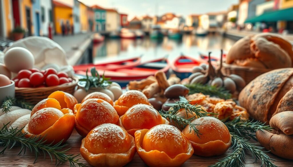 A vibrant still life showcasing the culinary specialties of Aveiro, Portugal. In the foreground, a selection of traditional Portuguese pastries and sweets, including the iconic Ovos Moles, their golden-hued shells glistening with a delicate sugar glaze. Surrounding them, an assortment of local delicacies - freshly caught seafood, fragrant herbs, and artisanal breads. In the middle ground, a glimpse of Aveiro's iconic colorful boats, the Moliceiros, reflected in the calm waters of the city's canals. The background is softly blurred, hinting at the city's historic architecture and warm, inviting atmosphere. The lighting is natural and diffused, casting a warm, golden glow over the scene, capturing the essence of Aveiro's rich culinary heritage.