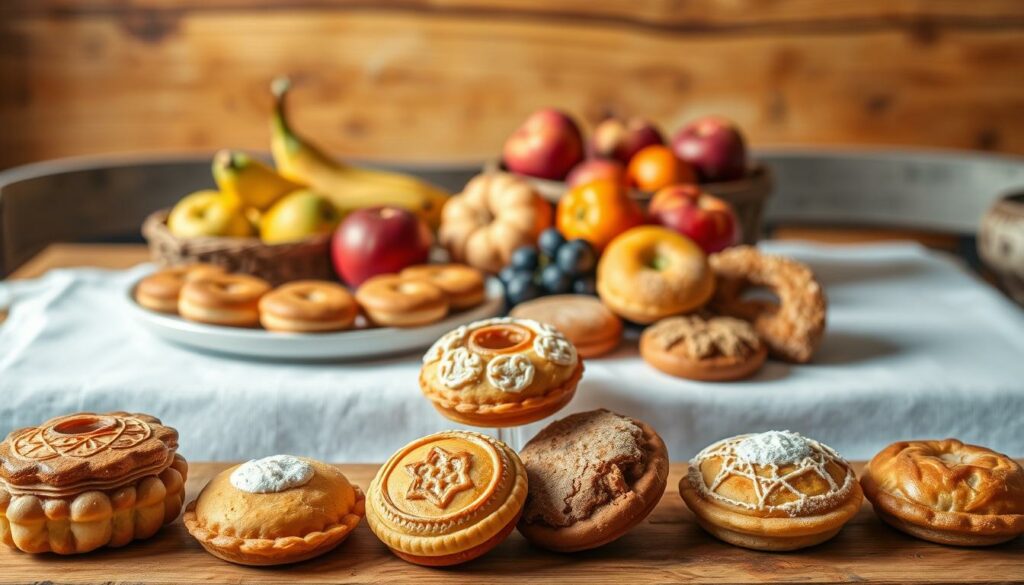 A vibrant still-life showcasing the traditional desserts of the Alentejo region in Portugal. In the foreground, an assortment of delicate pastries and sweets, each with intricate patterns and a rich, golden hue. The middle ground features a variety of fresh seasonal fruits, their colors and textures complementing the desserts. In the background, a rustic wooden table with a crisp white tablecloth, set against a backdrop of warm, earthy tones that evoke the sun-drenched landscapes of the Alentejo. The lighting is soft and diffused, creating a cozy, inviting atmosphere that captures the essence of these traditional Portuguese desserts.