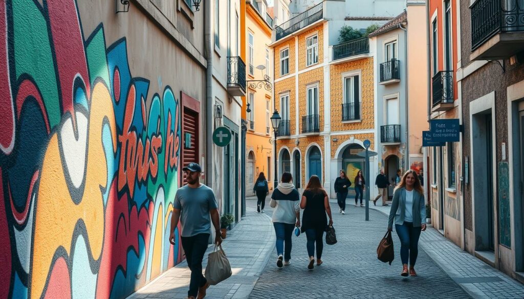A vibrant street scene in Lisbon, Portugal, showcasing the work of local street art artists. In the foreground, a mural of vibrant colors and abstract shapes covers a building wall, capturing the essence of the city's creative spirit. In the middle ground, pedestrians stroll by, pausing to admire the artwork. The background features the characteristic tiled facades and winding streets of Lisbon's historic neighborhoods, bathed in warm, golden light. The overall atmosphere is one of artistic expression, urban energy, and a celebration of the city's unique cultural identity.