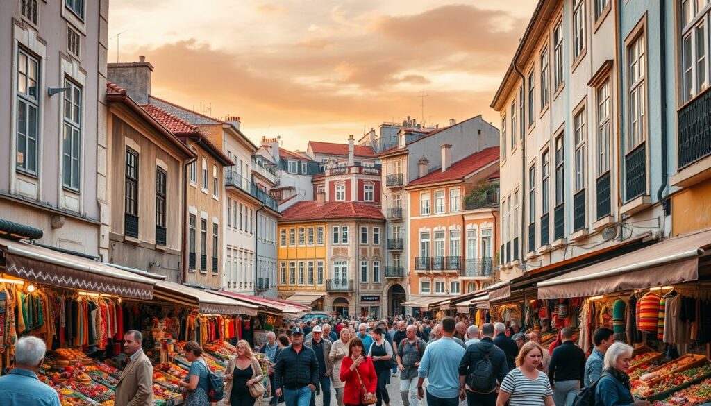 A vibrant street scene in the heart of Lisbon, Portugal, capturing the city's rich cultural diversity. In the foreground, a lively open-air market bustles with vendors selling handcrafted goods, traditional textiles, and fragrant spices. Pedestrians from all walks of life weave through the stalls, their colorful attire and lively interactions reflecting the melting pot of cultures that call this city home. In the middle ground, historic buildings with ornate facades and tiled roofs line the narrow, winding streets, their weathered textures and muted hues providing a timeless backdrop. The sky above is bathed in warm, golden light, casting a soft, inviting glow over the entire scene and evoking a sense of belonging and community.
