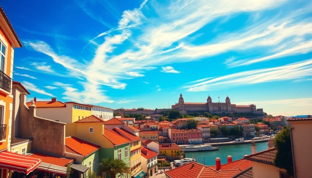 A vibrant, sun-drenched cityscape of Lisbon, Portugal. In the foreground, a bustling street lined with colorful, tile-roofed buildings and charming cafes. Midground features the iconic red-roofed houses cascading down the hills, overlooking the sparkling Tagus River. In the background, the majestic Castelo de São Jorge stands tall, its ancient walls and towers bathed in warm, golden light. The sky is a brilliant azure, with wispy clouds drifting overhead. A lively, inviting atmosphere captures the essence of the best time to visit this captivating European capital.