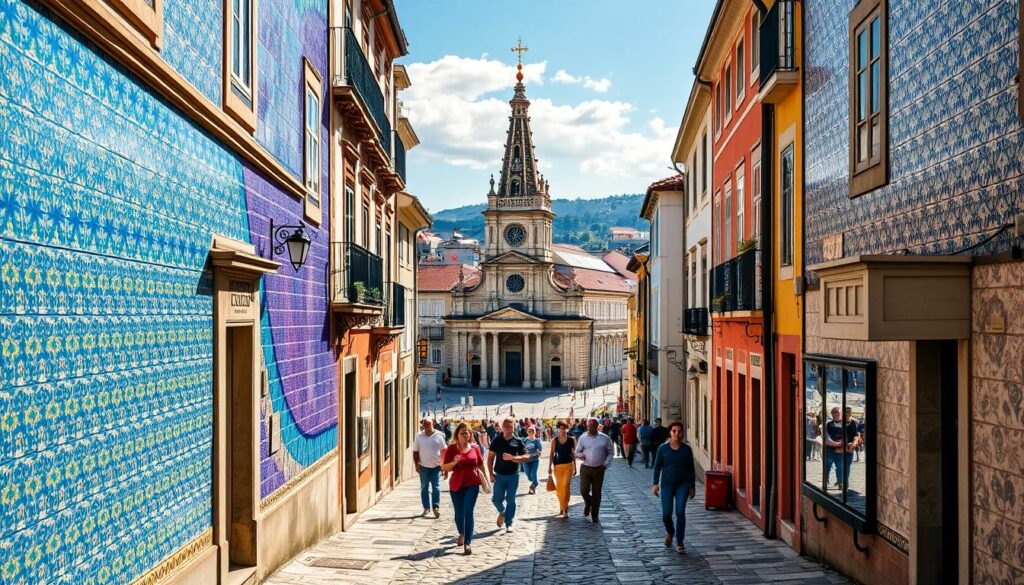 A vibrant, sun-drenched street scene in the historic city of Porto, Portugal. In the foreground, the striking tile facades of traditional Azulejo-adorned buildings line the cobblestone path, their intricate geometric patterns and rich hues of blue, white, and gold reflecting the warm Mediterranean light. In the middle ground, a grand church spire rises, its ornate exterior clad in the iconic Portuguese tilework. Pedestrians wander the lively street, drawn to the artistry of the surrounding architecture. In the background, the bustling energy of Porto's city center is visible, with glimpses of other historic structures and the distant hilly landscape. The overall atmosphere is one of timeless cultural elegance and artistic wonder.