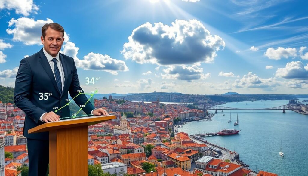 A vibrant weather forecast scene depicting the next few days in Lisbon, Portugal. In the foreground, a meteorologist standing at a podium presenting a detailed weather map, with symbols and icons indicating temperature, precipitation, and wind patterns. The middle ground features a bustling cityscape of Lisbon, with landmarks like the Jerónimos Monastery and the 25 de Abril Bridge visible in the distance, under a dynamic sky with fluffy clouds and rays of sunlight peeking through. The background showcases the picturesque Tagus River estuary, with sailboats and ferries plying the waters. The scene conveys a sense of informative yet visually captivating weather reporting, perfectly suited for an article on Lisbon's climate and forecasts for tourists.