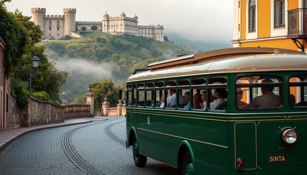 A vintage-styled bus navigating the winding, cobblestone streets of Sintra, Portugal. The vehicle's emerald-green exterior gleams in the soft, golden light, complementing the charming, historic architecture that lines the road. Passengers gaze out the windows, captivated by the medieval castles and lush, verdant hills that seem to emerge from the mist. The scene evokes a sense of timeless elegance and the quintessential Sintra experience, inviting the viewer to step aboard and explore this enchanting town.