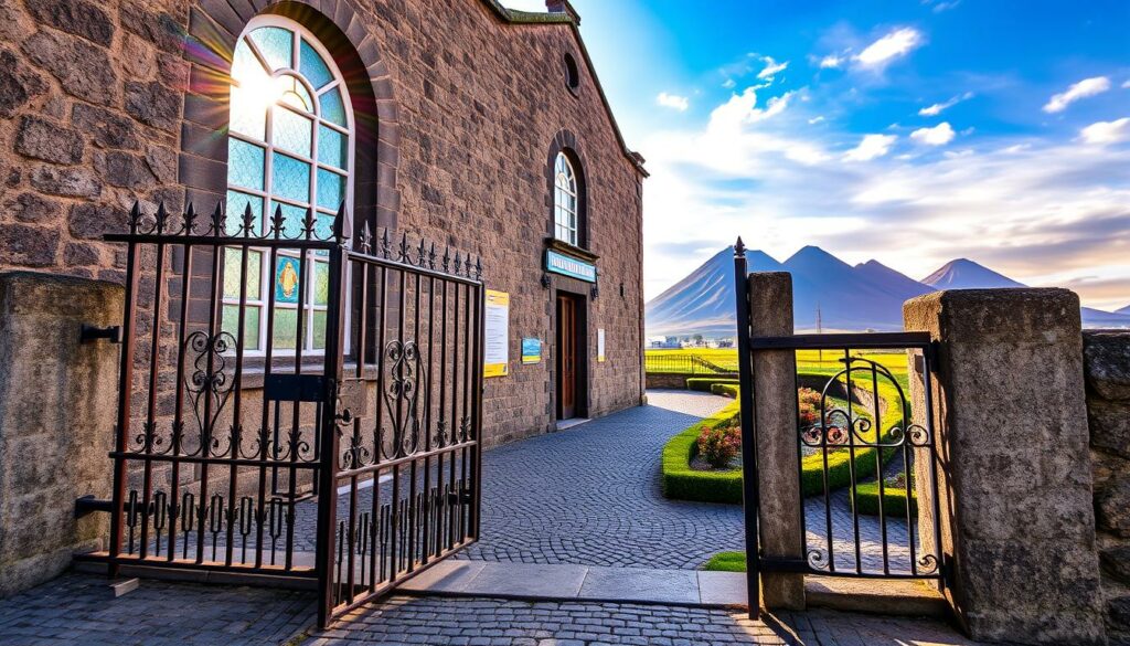 A weathered, stone façade of the Museu dos Baleeiros, a museum that pays homage to the whaling history of Pico Island, Azores. Sunlight filters through stained glass windows, casting a warm, ethereal glow onto the building's exterior. In the foreground, a wrought-iron gate stands open, inviting visitors to explore the museum's rich cultural heritage. The middle ground features a cobblestone path leading towards the entrance, flanked by well-manicured gardens. In the background, the silhouettes of volcanic peaks rise against a vibrant, azure sky, echoing the island's dramatic, natural landscapes.