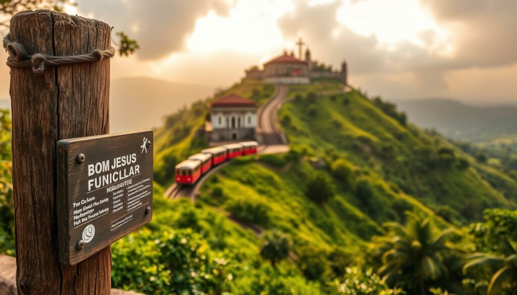 A weathered wooden sign post stands prominently in the foreground, its surface weathered by the elements. Surrounding it, a lush, verdant landscape comes into view, with rolling hills and vibrant greenery. In the middle ground, the majestic Bom Jesus Funicular railway ascends a steep incline, its red and white cars gliding effortlessly along the tracks. Soft, warm sunlight filters through the clouds, casting a gentle glow over the entire scene. The atmosphere is one of tranquility and exploration, inviting the viewer to discover the practical information and highlights that await at this picturesque destination.