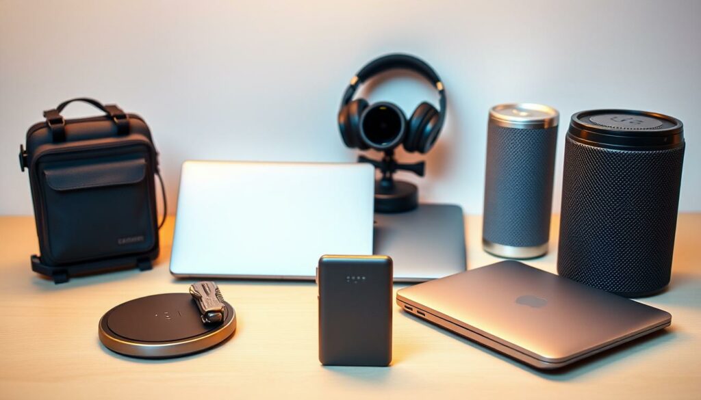 A well-curated assortment of high-tech travel gadgets, arranged against a clean, minimalist backdrop. In the foreground, a sleek wireless charging pad, a compact multi-tool, and a portable power bank in a metallic finish. The middle ground features a state-of-the-art noise-cancelling headphone set and a slim, ultraportable laptop, while the background showcases a 360-degree action camera and a voice-controlled smart speaker. The entire scene is bathed in soft, warm lighting, conveying a sense of modern sophistication and practicality ideal for the tech-savvy adventurer.