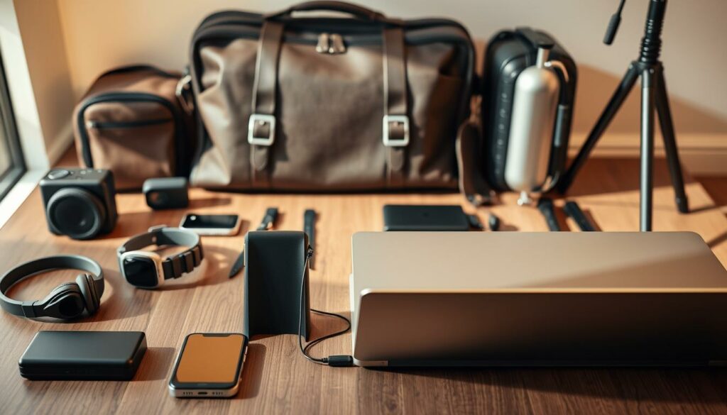 A well-organized modern workspace with a variety of travel-friendly tech gadgets and accessories. In the foreground, an open laptop, a compact power bank, a collapsible phone stand, and a noise-cancelling headset are neatly arranged. The middle ground features a minimalist leather messenger bag, a compact action camera, and a smartwatch. In the background, a sleek suitcase, a portable charger, and a lightweight tripod create a sense of organization and preparedness for the journey ahead. The scene is illuminated by warm, natural lighting, creating a cozy and productive atmosphere. The overall composition conveys the idea of efficient, hassle-free travel with the aid of thoughtfully selected technological tools.
