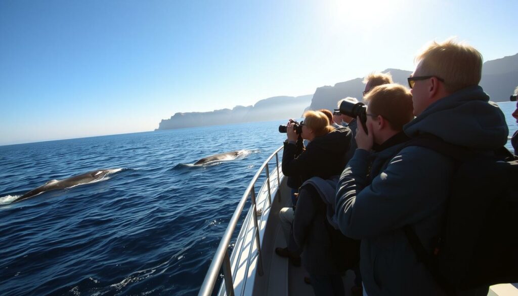 A wide-angle landscape shot of a group of whale watchers on a boat, surrounded by a stunning seascape of deep blue waters and distant rugged cliffs. The watchers are equipped with binoculars and cameras, eagerly scanning the horizon for a glimpse of the majestic cetaceans. The sun casts a warm, golden glow, illuminating the scene with a sense of tranquility and anticipation. The boat's deck is clean and well-maintained, with a clear view unobstructed by any distractions. The composition emphasizes the harmony between the human observers and the natural environment, setting the stage for an unforgettable whale watching experience.