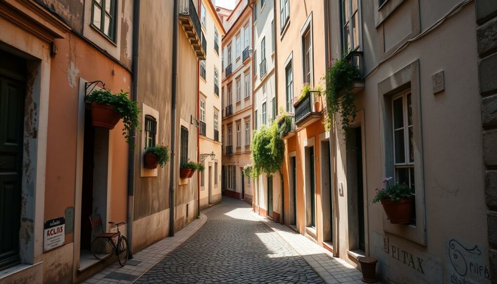 A winding, cobblestone alley in the historic heart of Lisbon, Portugal. Quaint, pastel-colored buildings line the narrow street, casting soft shadows on the ground. Sunlight filters through the gaps between the structures, illuminating the weathered facades and intricate architectural details. Lush potted plants and flower boxes adorn the windowsills, adding pops of vibrant color. The scene exudes a sense of timeless charm and tranquility, inviting the viewer to slow down and immerse themselves in the captivating ambiance of this hidden Lisbon gem.