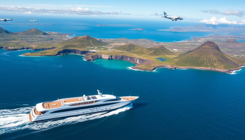 An aerial view of the Azores archipelago, with several islands visible in the distance. The foreground features a sleek, modern ferry boat cutting through the azure waters, its white hull gleaming in the bright sunlight. In the middle ground, small planes dot the sky, ferrying passengers between the islands. The background is a panoramic landscape of verdant hills, volcanic peaks, and picturesque coastlines, creating a breathtaking scene that captures the natural beauty and transportation options of this remote Portuguese island chain.