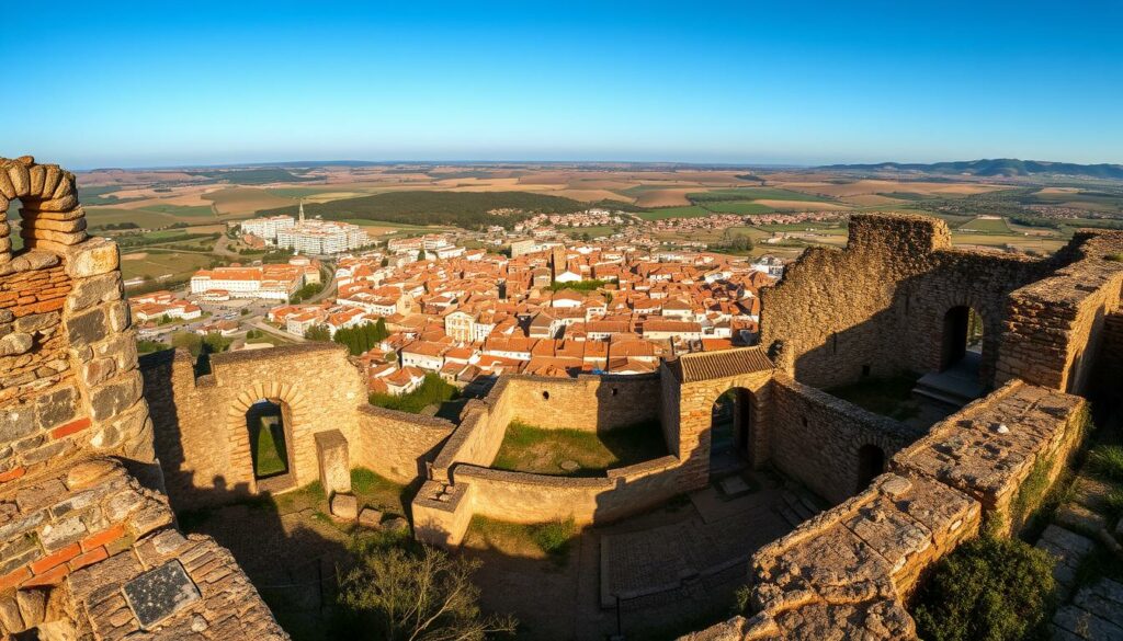 An ancient Roman town nestled in the heart of Portugal, Idanha-A-Velha stands as a testament to centuries of history. Capture the essence of this historic site with a sweeping panoramic view. In the foreground, weathered stone walls and crumbling ruins rise from the earth, their intricate patterns and textures illuminated by warm, golden sunlight. In the middle ground, a sprawling medieval settlement unfolds, its winding streets and tiled roofs casting intricate shadows. In the distance, rolling hills and lush green landscapes provide a serene backdrop, hinting at the natural beauty that surrounds this historic gem. Utilize a wide-angle lens to convey the grand scale and majesty of this timeless Portuguese town, evoking a sense of awe and wonder.
