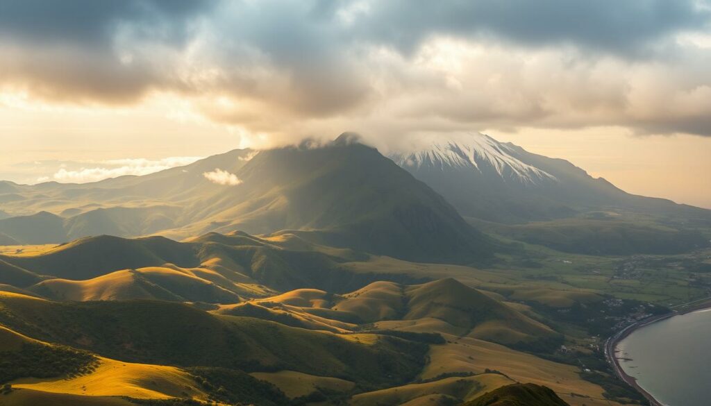 An atmospheric aerial landscape showcasing the stark north-south weather contrast on the island of Madeira. In the foreground, lush verdant valleys and undulating hillsides bathed in warm golden light, hinting at the mild temperatures of the southern regions. In the middle ground, towering mountain peaks capped with pristine snow, their slopes shrouded in moody fog and dark storm clouds, signaling the cooler, more extreme weather of the northern areas. The background fades into a dramatic, hazy horizon, the vibrant greens and blues of the coastline gradually giving way to the grays and whites of the northern climes. Lit by a soft, diffused natural light that enhances the sense of depth and scale, this cinematic vista captures the dramatic north-south weather gradient that defines Madeira's unique microclimate.