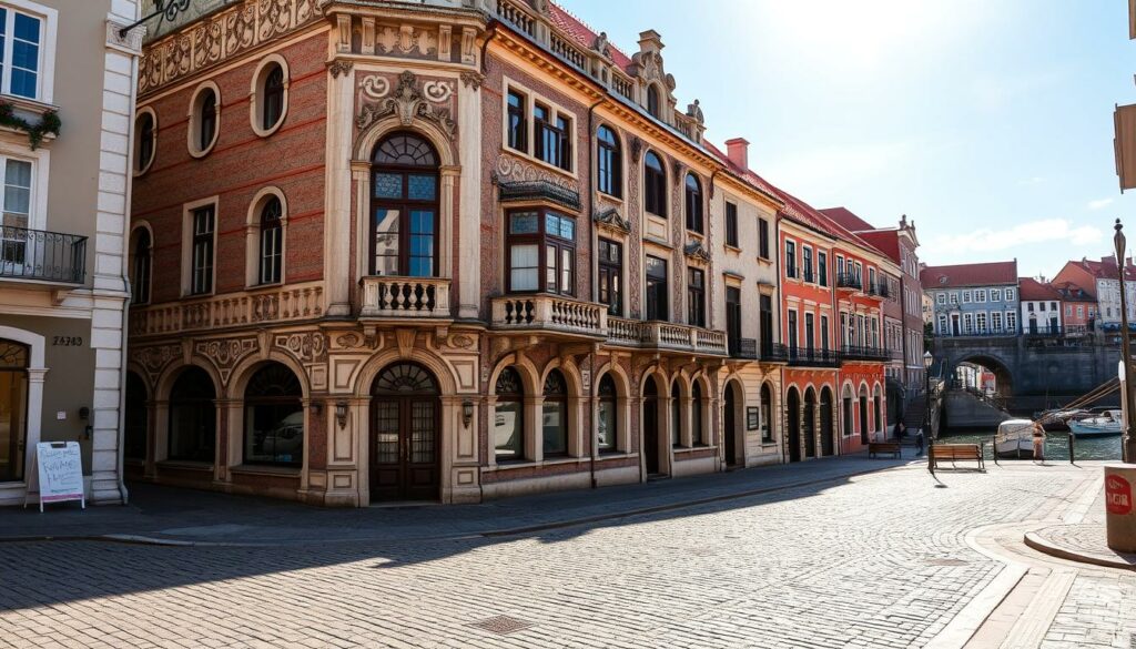 An early 20th century Jugendstil-style building in the picturesque city of Aveiro, Portugal. The ornate facade features intricate organic motifs, curved windows, and decorative stone elements, beautifully contrasted by the soft, golden sunlight illuminating the scene. In the foreground, a cobblestone street leads the viewer's eye towards the building, while in the background, glimpses of Aveiro's famous canals and traditional moliceiro boats can be seen. The overall atmosphere evokes a sense of timeless architectural elegance and the unique cultural heritage of this charming Portuguese city.