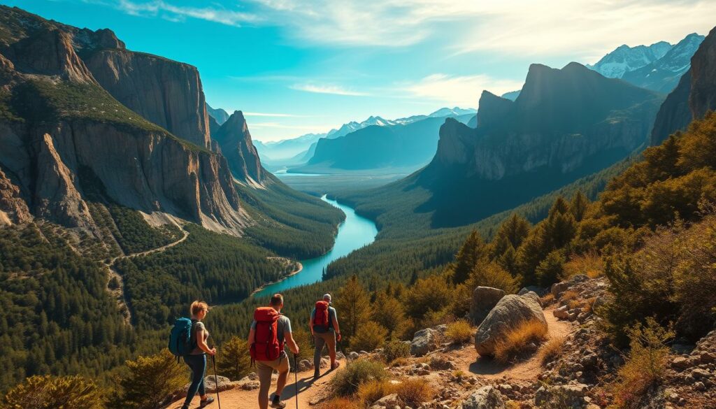 An expansive vista of Portugal's breathtaking natural landscapes, showcasing the heart-pounding thrills of adventure activities. In the foreground, a group of hikers navigates a rugged, winding trail, their backpacks and hiking gear reflecting the sun's warm glow. Towering cliffs rise in the middle ground, their majestic presence framing a serene, crystal-clear river that cuts through the lush, verdant forest. In the background, a range of imposing, snow-capped peaks pierce the azure sky, their grandeur evoking a sense of awe and wonder. The scene is bathed in a soft, golden light, creating a cinematic, cinematic atmosphere that captures the thrill and beauty of outdoor exploration in Portugal's captivating natural parks.