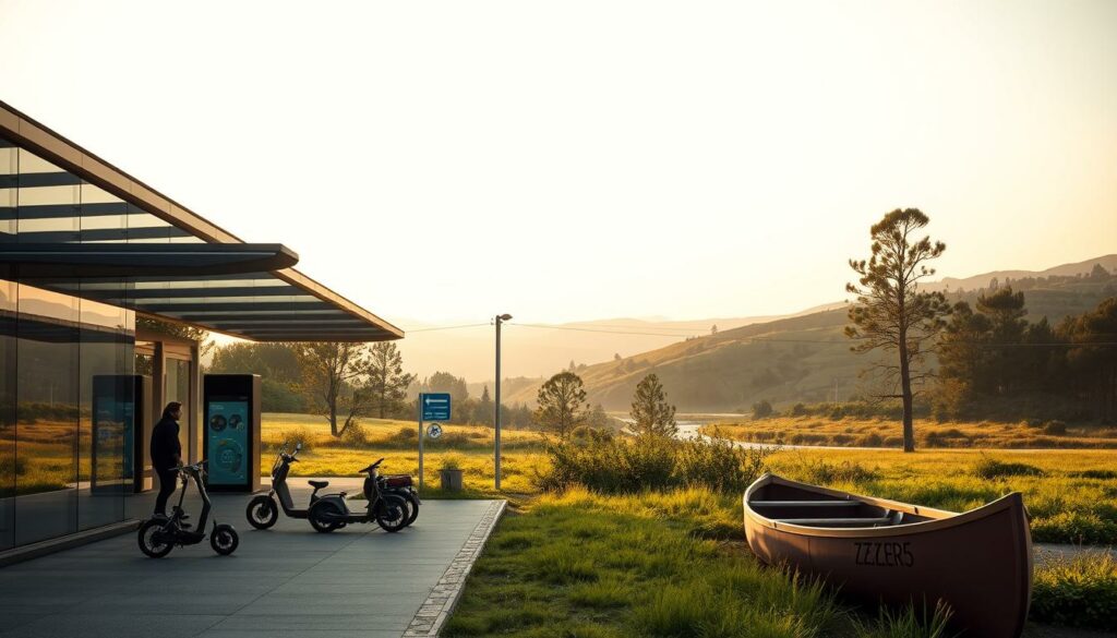 An intermodal transportation hub set in a lush, verdant landscape of central Portugal. In the foreground, a modern, glass-walled station with sleek lines and architectural details blends seamlessly with the natural surroundings. The middle ground features various modes of sustainable transport - electric bicycles, electric scooters, and a canoe waiting to embark on the nearby Zêzere river. The background showcases rolling hills, scattered pine trees, and a warm, golden-hued sky, creating a serene, peaceful atmosphere. Soft, diffused lighting illuminates the scene, evoking a sense of calm and tranquility. The entire composition conveys the idea of interconnected, eco-friendly mobility options in harmony with the beautiful, unspoiled nature of central Portugal. An intermodal transportation hub set in a lush, verdant landscape of central Portugal. In the foreground, a modern, glass-walled station with sleek lines and architectural details blends seamlessly with the natural surroundings. The middle ground features various modes of sustainable transport - electric bicycles, electric scooters, and a canoe waiting to embark on the nearby Zêzere river. The background showcases rolling hills, scattered pine trees, and a warm, golden-hued sky, creating a serene, peaceful atmosphere. Soft, diffused lighting illuminates the scene, evoking a sense of calm and tranquility. The entire composition conveys the idea of interconnected, eco-friendly mobility options in harmony with the beautiful, unspoiled nature of central Portugal.
