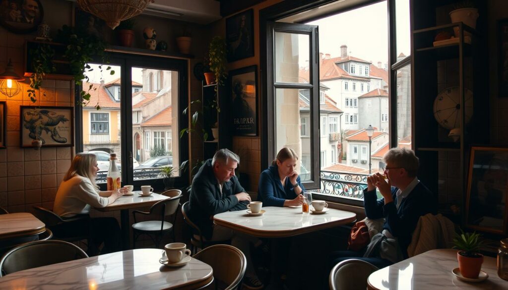 An intimate and cozy café nestled in the charming Alfama district of Lissabon. Warm lighting casts a golden glow over the rustic interior, featuring vintage furniture, tiled walls, and potted plants. A small group of locals sip their espressos and converse animatedly at marble-topped tables. The aroma of freshly brewed coffee and freshly baked pastries fills the air, creating a welcoming atmosphere. Through the large windows, the cobblestone streets and iconic red-tiled roofs of the historic city are visible. The overall scene exudes a sense of old-world charm and slow-paced European cafe culture.