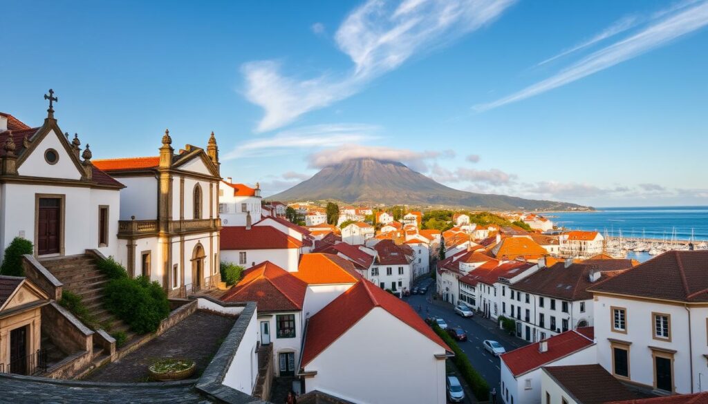 Angra do Heroísmo, the historic heart of Terceira Island, nestled in the Azores archipelago. A picturesque 15th-century town, bathed in warm, golden sunlight, its whitewashed buildings and red-tiled roofs cascading down the gentle slopes towards the azure harbor. Cobblestone streets wind through the charming old town, flanked by baroque churches, grand mansions, and quaint shops. In the distance, the majestic Mount Pico rises, its peak capped with wispy clouds. A serene, timeless atmosphere permeates the scene, capturing the essence of this UNESCO World Heritage site and its rich cultural heritage.