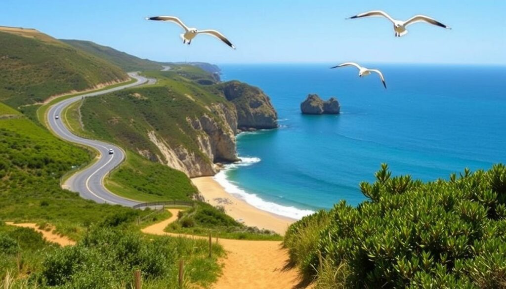 Anreise Praia de Odeceixe: A Scenic Journey to a Captivating Beach A winding coastal road meanders through verdant hills, offering tantalizing glimpses of the Praia de Odeceixe ahead. The sun-dappled path leads to a picturesque parking area, where visitors can admire the striking cliffs and the azure waters of the Atlantic Ocean. In the foreground, a well-maintained trail winds down to the golden sands, inviting exploration. Overhead, seagulls soar gracefully, their calls adding to the serene atmosphere. The scene conveys a sense of tranquility and natural beauty, setting the stage for a truly memorable visit to this captivating stretch of Portugal's stunning Algarve coastline.