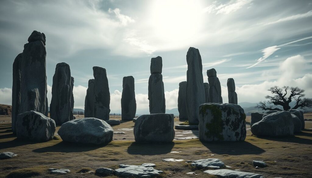 Arrangement of massive monoliths in a striking stone circle, casting long shadows across the rugged landscape. Towering ancient pillars of weathered gray granite, rising majestically against a moody sky. Precise geometric placement, with perfect alignment to celestial bodies, radiating a sense of mystical significance. Soft, diffused natural light filters through wispy clouds, illuminating the mysterious monument's imposing silhouette. Lichen-covered stones, time-worn and textured, exuding an aura of timeless solemnity. Gnarled, twisted trees in the distance add to the primeval, secluded atmosphere. A reverent, contemplative mood pervades the scene, inviting the viewer to ponder the monument's sacred, ritualistic purpose.