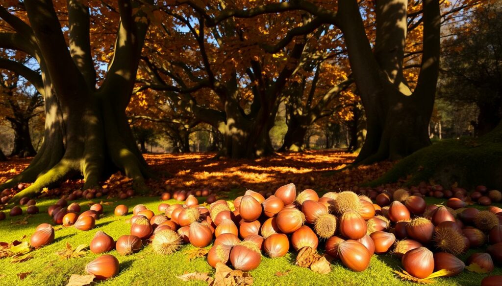 Autumn in central Portugal, a chestnut grove in the golden afternoon light. Plump, glossy chestnuts litter the ground, their spiny husks cracked open to reveal the rich, earthy treasures within. Towering chestnut trees cast dappled shadows across the mossy forest floor, their gnarled branches heavy with the season's bounty. A gentle breeze rustles the russet leaves, hinting at the approach of winter. The air is crisp and clean, infused with the sweet, nutty aroma of roasting chestnuts. A serene, bountiful scene, celebrating the simple pleasures of this autumnal delicacy.