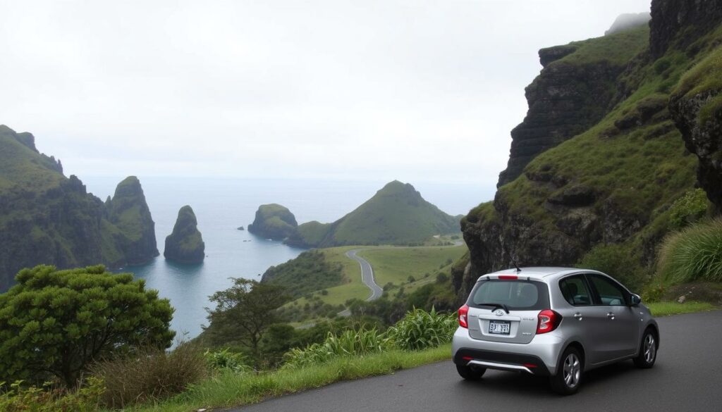 Budgetplanung Roadtrip São Miguel: A tranquil coastal scene on the island of São Miguel, Azores. Dramatic rocky cliffs, lush green foliage, and a winding road leading through the landscape. In the foreground, a compact rental car is parked, representing the transportation for the budget-friendly road trip. The sky is overcast, casting a soft, diffused light over the entire composition. The scene conveys a sense of adventure and exploration, capturing the essence of planning a cost-effective yet memorable journey through the stunning natural beauty of the Azores.