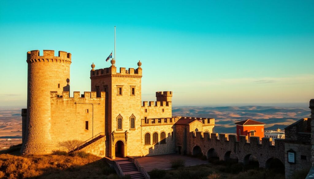 Burg Castelo Rodrigo, a captivating 13th-century hilltop fortress in Portugal's northeastern Beira region. In the foreground, the castle's imposing stone walls and towers rise majestically, their weathered facade casting dramatic shadows. The middle ground showcases the intricate architectural details, with ornate arched entrances and ornamental embellishments. In the background, rolling hills and a cloudless sky create a serene, picturesque setting, complementing the castle's stately presence. Warm, golden lighting illuminates the scene, lending an air of timeless grandeur and timeless charm. Capture the essence of this historic landmark, showcasing its architectural highlights and the breathtaking natural landscape that surrounds it.