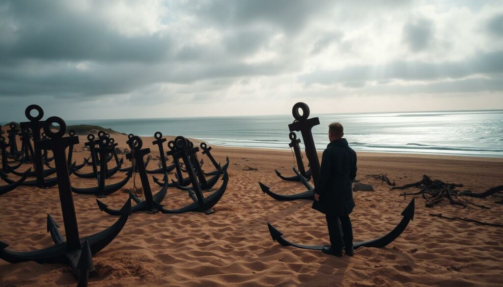 Cemitério das Âncoras Ankerfriedhof: a hauntingly beautiful graveyard of rusted anchors on the windswept Praia do Barril. Rows of weathered metal silhouettes stand sentry against a moody sky, their tangled forms casting dramatic shadows across the golden sand. In the foreground, a solitary figure contemplates the eerie, almost otherworldly scene, the salty breeze ruffling their clothes. The middle ground reveals the expanse of the beach, its dunes and scattered driftwood adding to the sense of isolation. In the distance, the glimmering waters of the Algarve coast stretch towards the horizon, a serene counterpoint to the haunting presence of the anchors. Capture this hauntingly beautiful and evocative landscape with a cinematic wide-angle lens, using warm, low-angle lighting to accentuate the rugged textures and create an atmosphere of melancholy and wonder.