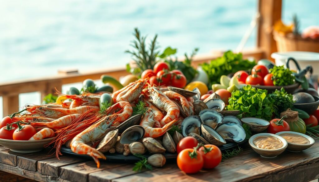 Comporta's coastal bounty: a vibrant still life showcasing the region's bountiful seafood and local delicacies. In the foreground, a rustic wooden table displays a visually striking arrangement of fresh-caught shrimp, clams, and oysters, their glistening textures and natural hues creating an alluring centerpiece. Surrounding this are locally sourced seasonal produce, such as ripe tomatoes, crisp greens, and aromatic herbs, all illuminated by warm, golden natural lighting that casts a cozy, inviting ambiance. In the background, a glimpse of the azure Comporta coastline frames the scene, hinting at the seaside locale and the connection between land, sea, and the local culinary traditions.